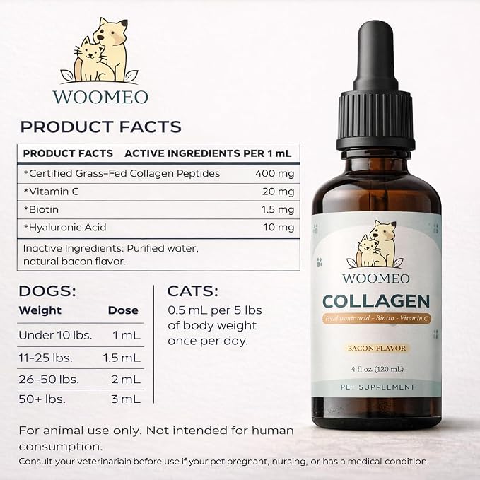 Liquid Collagen for Dogs & Cats with Hyaluronic Acid, Biotin & Vitamin C – Pet Collagen Supplement Drops, Bacon Flavor, Skin & Coat Support, Easy Liquid Dropper, 4 fl oz