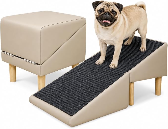 Dog Ramp for Couch, 16" H × 16" W 2-in-1 Split Ottoman Dog Stairs, Foldable Wooden Pet Ramp with 23° Gentle Incline & Non-Slip Surface, Pet Steps for Senior Small Medium Large Dogs (Off-White)