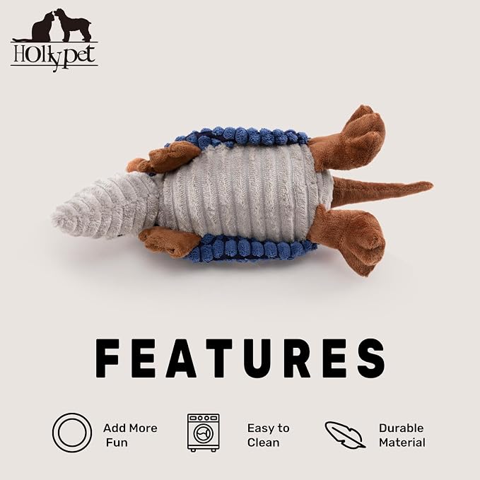Hollypet Armadillo Squeaky Puppy Dog Toys for Small Medium Dogs, 8" | plush stuffed small dog squeak animal toy with unique grunt squeaker textured fabric for teeth cleaning toys