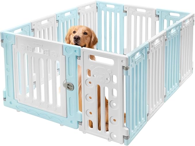 Dog Playpen, Large Pet Playpen with Cute Patterns & 1 Door & 11 Freely Combinable Panels Dog Fence Large Crate for Pets Pet Safety Fence Pet Essentials for Small/Medium Dogs (Blue & White)