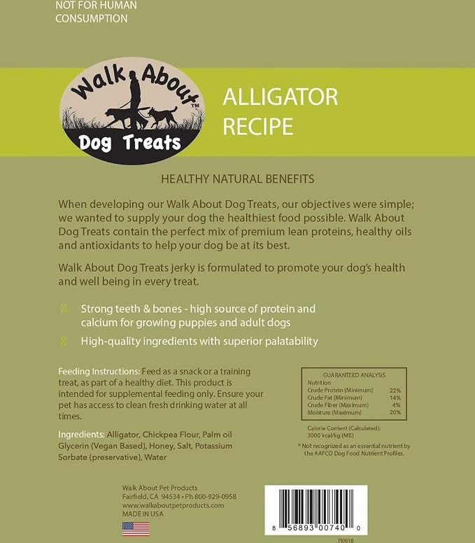 Walk About Pet, WA10016, Dog Jerky Treats, Grain-Free, Gluten-Free, Single Source Protein, Alligator Recipe, Resealable Pouch, 5.5 Ounces