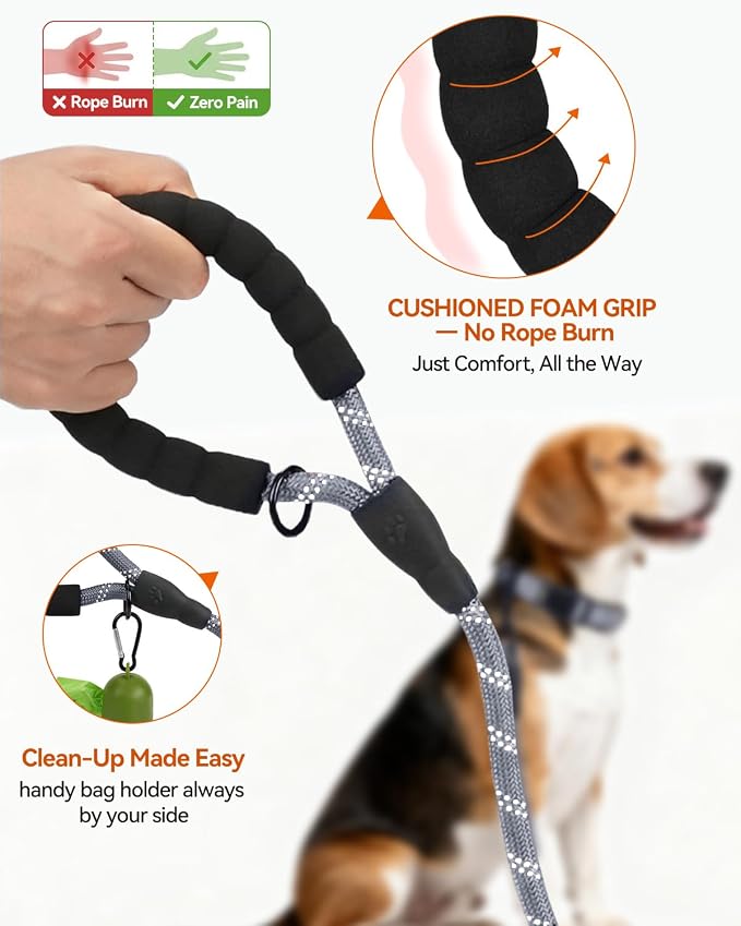 Joytale Rope Dog Leash for Small Dogs, Padded Handle, 5FT, Gray | Reinforced Nylon Webbing, Comfort Grip Eases Hand Strain, Swivel Clip Prevents Tangles, Visible at Night, for Outdoor Walks