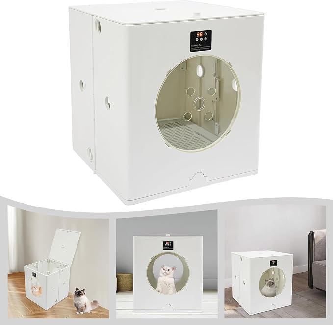 Pet Dryer Box for Dogs Cats, 800W Large Foldable Hair Drying Cabin, 79.9Qt | 6 Air Vents, Adjustable Temp & Timer, Quiet, Portable Grooming Bed, Child Lock, White, 44lb Capacity, Button Control