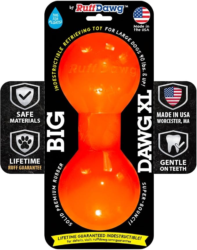 Ruff Dawg Big Dawg Barbell XL Orange – Heavy-Duty Solid Rubber Dog Chew Toy for Medium to Large Dogs 40 lbs & Up – Floats & Bounces – Made in USA