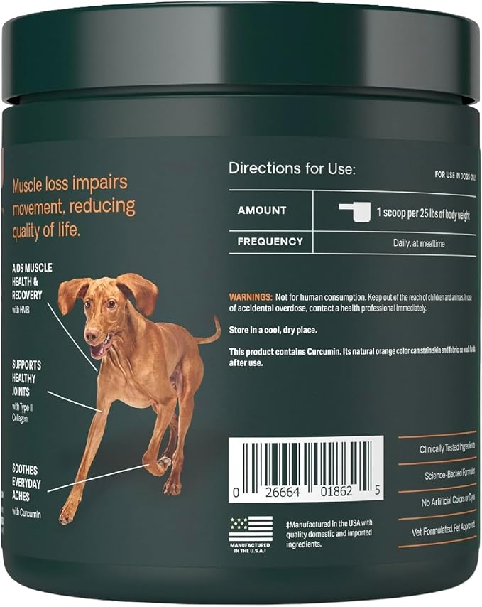 VetriScience HMB Healthy Muscle & Strength Supplement for Dogs, Mobility Support & Muscle Builder with Collagen, Calcium, Vitamin D & Curcumin, Powder, Pork, 8.47 oz - New Look