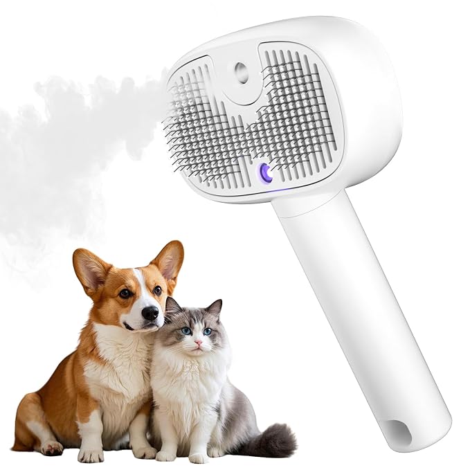 3-In-1 Cat Steam Brush for Shedding, One-Touch Release - Rechargeable - Self Cleaning Comb for Indoor Cats, Anti-Static Grooming Brush for Long and Short-Haired Cat/Dog, White