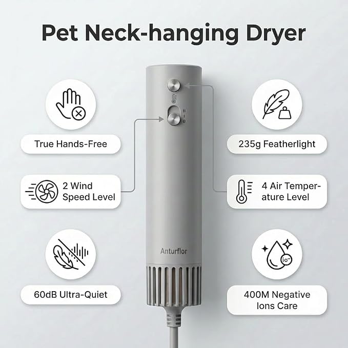 Hands Free Neck Hanging Pet Dryer, Portable Compact Dog Blow Dryer for Dogs Cats, Lightweight Low Noise Grooming Dryer with Adjustable Speed & Temperature