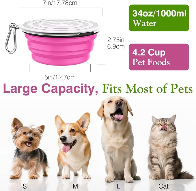 Pawaboo Collapsible Dog Bowls, 2 Pack, 1000ml, Pink + Green