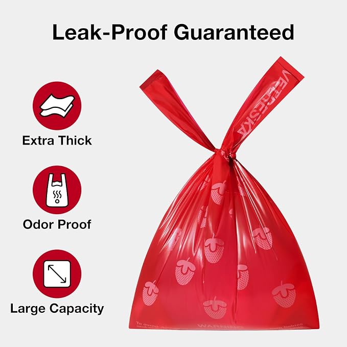 VETRESKA Dog Poop Bags with Handles 240 Count, Strawberry Scented Waste Bags, Leak-Proof Thick Dog Bags for Poop, Easy-Tie Large Poop Bags, 16 Refill Rolls for Dog Walking Cat Litter