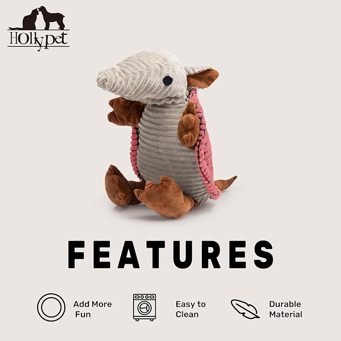 Hollypet Armadillo Squeaky Dog Toys for Medium Large Dogs, 14" | plush stuffed large dog squeak animal toy with unique grunt squeaker textured fabric for teeth cleaning toys