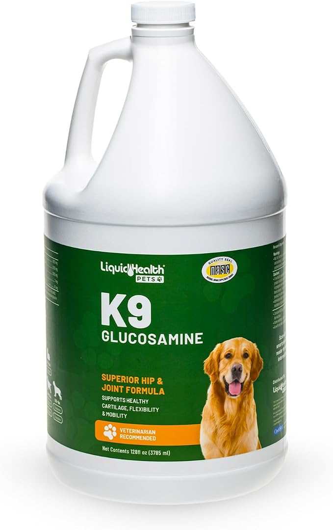 LIQUIDHEALTH 128 Oz K9 Liquid Glucosamine for Dogs, Puppies and Seniors - Chondroitin, MSM, Hyaluronic Acid – Dog Hip and Joint Health, Dog Vitamins for Dog Joint Pain, Dog Joint Oil - 1 Gallon