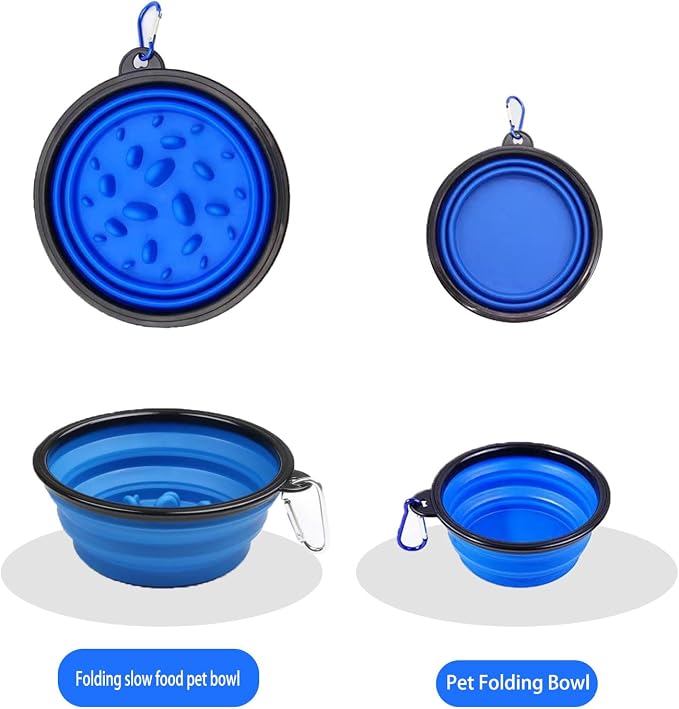 Pet Blue Collapsible Double Bowl Set, Slow Feeder, Blue