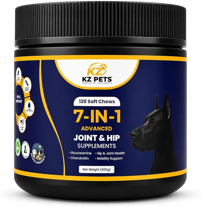 7-in-1 Dog Hip & Joint Supplement with Glucosamine, Chondroitin, MSM, Turmeric, Omega-3, Green Lipped Mussel, 120 Soft Chews