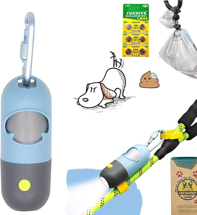 YUCHIYA Dog Poop Bags Holder with LED Flashlight, Sky Blue, 15 Bags, 3 Accessories