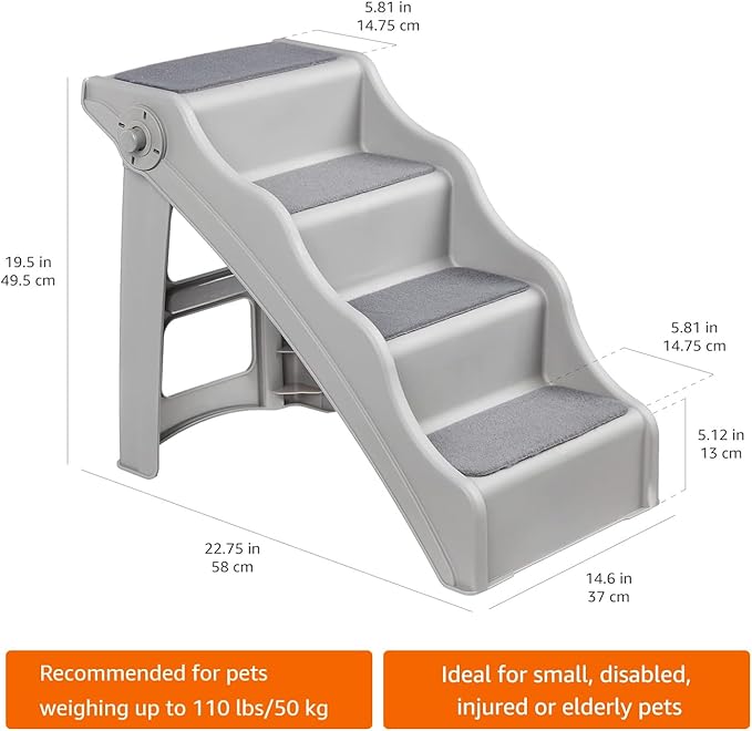 Amazon Basics Foldable Non-Slip Pet Stairs for Small Dogs and Cats, Senior Pets, Easy to Climb, 14.6" x 22.75" x 19.5", Grey