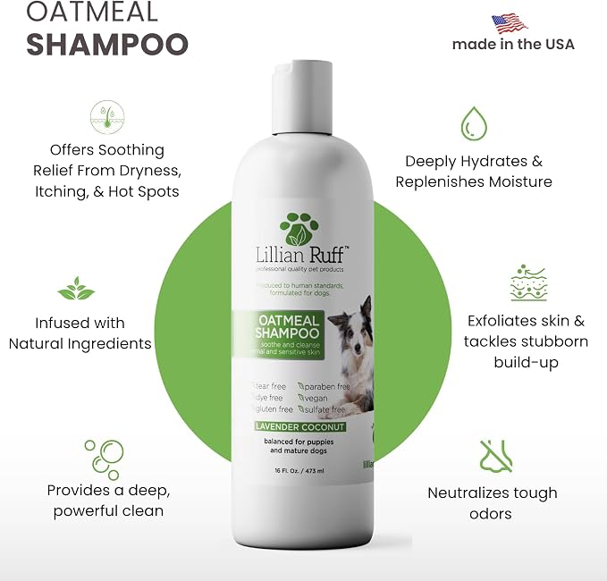 Lillian Ruff PRO Formula Deodorizing Oatmeal Dog Shampoo - Calms Itching & Allergies, Ultra-Nourishing Dry Skin Relief - Oatmeal, Aloe, Coconut Oil, Lavender & Provitamin B5 - Made in USA 16oz+Brush
