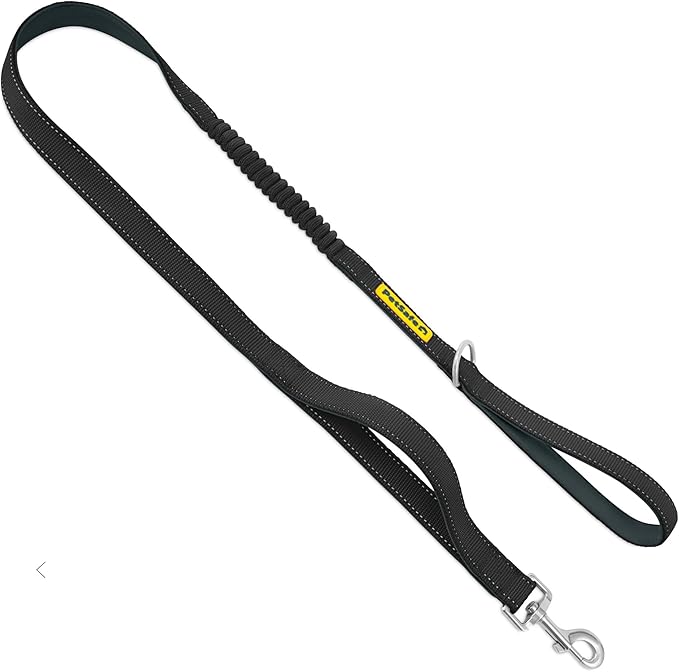 PetSafe Comfort 4 ft Bungee Dog Leash, Black | Shock-Absorbing Bungee Flexes on Pulls, Dual Handles for Control, Reflective Stitching, Built-in D-Ring for Off-Leash Storage