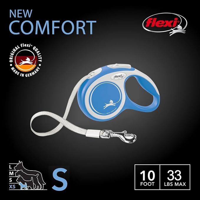 FLEXI® Comfort Tape Retractable Dog Leash, Small, 16 ft - Blue | German engineered, original flexi leash, durable quality for dogs up to 33 lbs, tangle-free, walking, reliable brake system