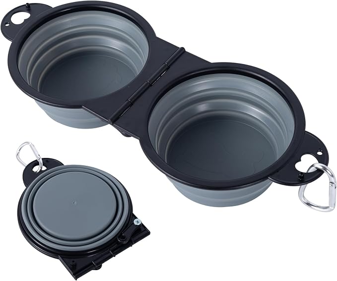 SLSON Collapsible Dog Dual Bowls with Lock Clips, Cold Grey