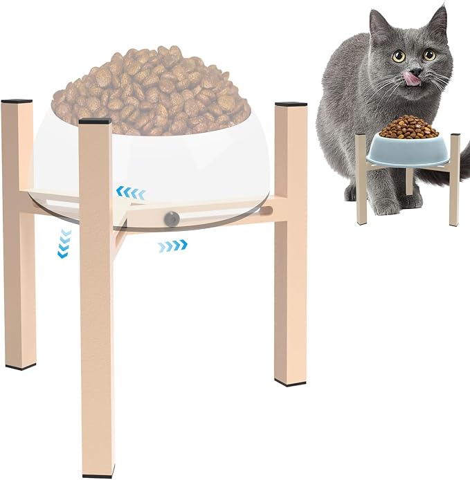 Elevated Cat Bowl Stand Good for Senior Cats Digestion Arthritis Relief - Adjustable Metal Feeder Riser, Fits 5.1-7.45” Round Bowls (No Bowls)(Light Khaki)