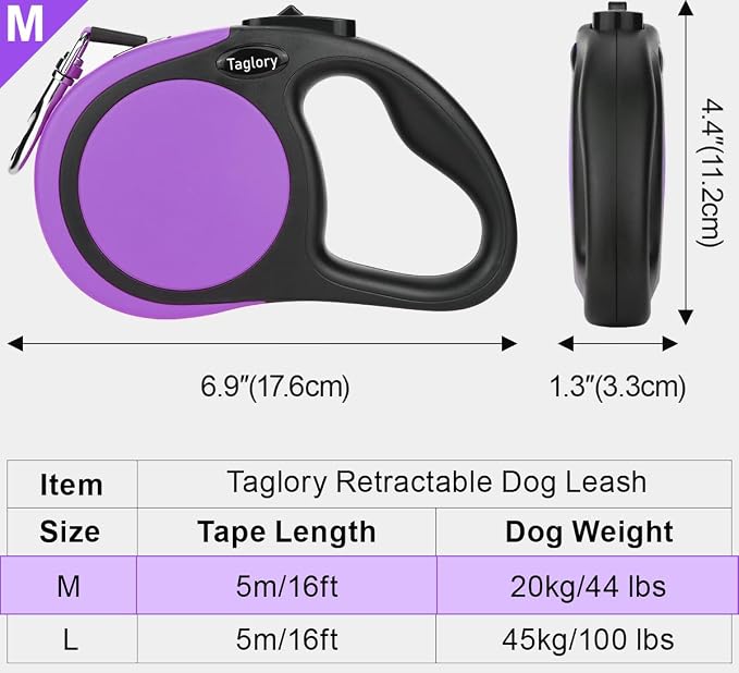 Taglory Retractable Dog Leash, One-Handed Brake, 16ft, Up to 44 lbs, Purple | More Freedom While Staying in Control, Smooth Retraction, Tangle-Free Design, Easy-Grip Handle, Daily Neighborhood Walks