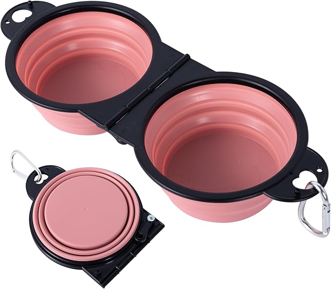 SLSON Collapsible Dog Dual Bowls with Lock Clips, Light Pink