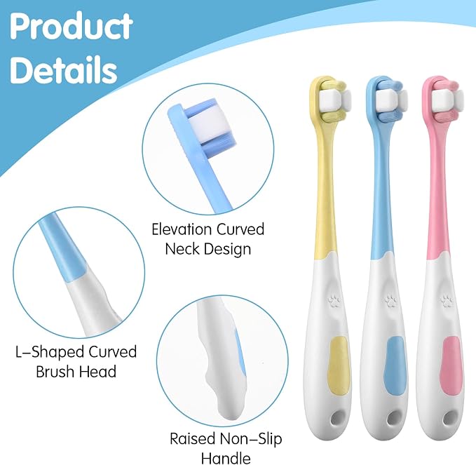 3Pcs Dog Toothbrush Kit for Small Dogs Cats, Ultra Soft Bristles Pet Toothbrush Set for Puppy Kitten Teeth Cleaning, Tiny Brush Head Tooth Brushing Kit (Red, Blue, Yellow)