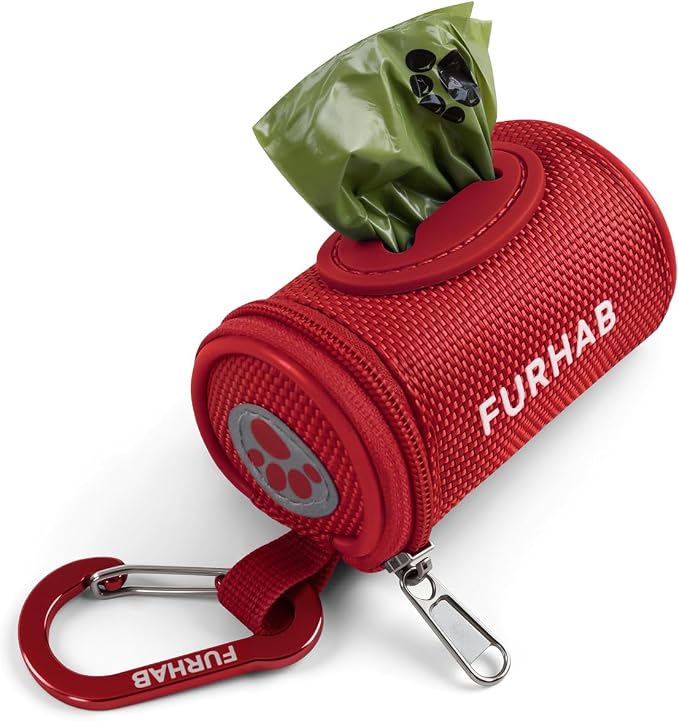 FURHAB Dog Poop Bag Holder for Leash Doggie Waste Bag Dispenser Soft Fabric Puppy Potty Carrier Small Doggy Zipper Pouch with Carabiner Clip 1680D Nylon Oxford with 1 Roll of Pet Trash Bags, Red