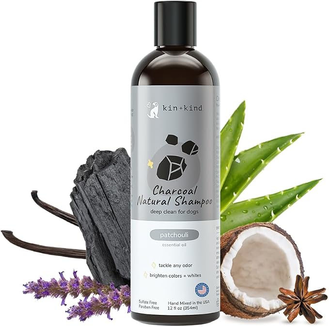 kin+kind Charcoal Natural Dog Shampoo - Deep Cleaning & Odor Control - Patchouli Fragrance - 12 fl oz