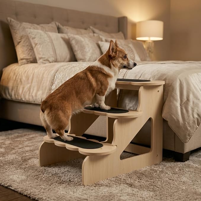 Wood Dog Stairs 22⅞" D x 17½" W x 16½" H,YellowMaple Pattern | Trainer-Recommended Wood Ramp Steps – Sturdy Support for Small & Senior Dogs