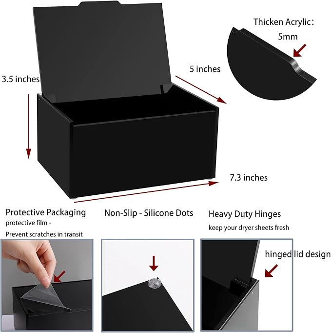 rejomiik Acrylic Dryer Sheet Holder, Dryer Sheet Dispenser with Lid, Black