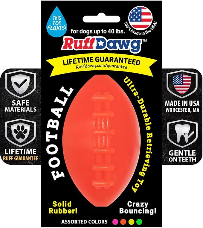 Ruff Dawg Indestructible Football Medium 4” Orange – Heavy-Duty Solid Rubber Dog Fetch Toy for Dogs Up to 40 lbs – Floats & Crazy Bounce – Made in USA