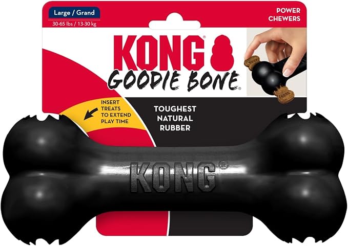 KONG Extreme Goodie Bone, Durable Natural Rubber, Black, for Large Dogs | Made from KONG's Most Durable Natural Rubber for Power Chewers, with Goodie Gripper Ends That Hold Treats