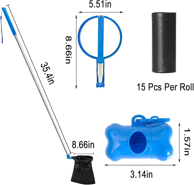Dog Poop Scooper with Retractable 35.4 In Stainless Steel Handle, One-Click Bag Loading & Disposal, Includes Bone-Shaped Bag Dispenser & Poop Bags, Fits 9 In+ Opening Bags