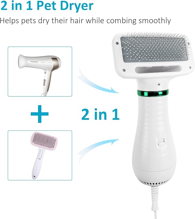 Dog Hair Dryer,2 in 1 Pet Hair Dryer with Slicker Brush,Dog Blow Dryer with 2 Adjustable Heat Setting Dogs Bath Brush for Grooming Small Medium Dogs Cats