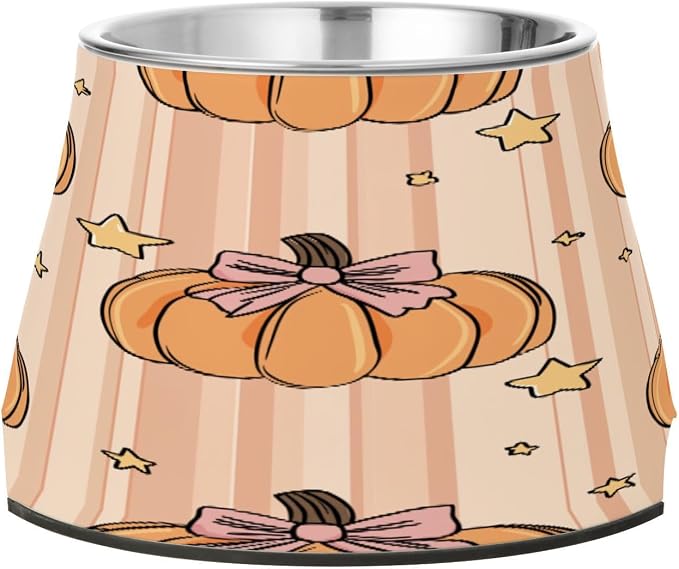 Blueangle Elevated Dog Bowls with Stainless Steel - Non-Slip 2.3 Cup High Capacity Pet Dish for Spinal Health & Pumpkins with Bows Design（154）