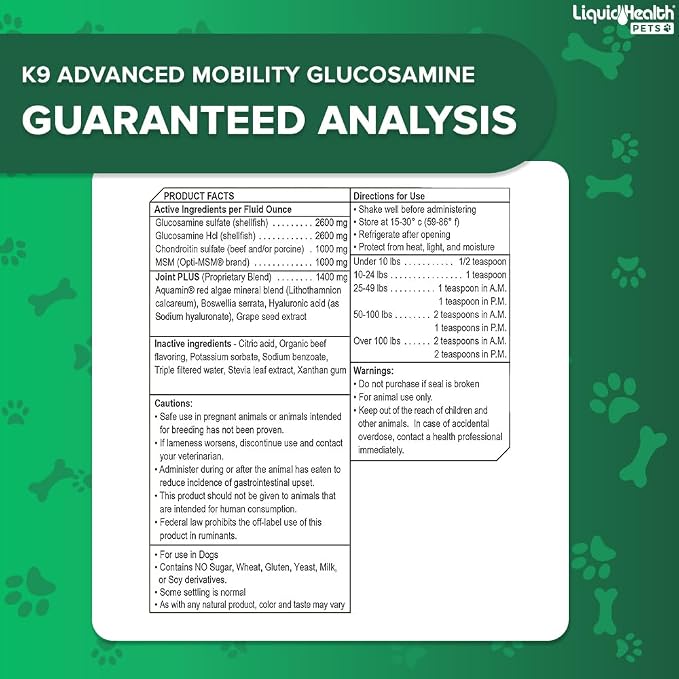 LIQUIDHEALTH Pets K9 Liquid Glucosamine Level 5000 for Large Breeds with Chondroitin, MSM - Pet Joint Health Supplements, Dog Vitamins Hip Joint Juice, Dog Joint Oil - Made in the USA (1 Gallon)