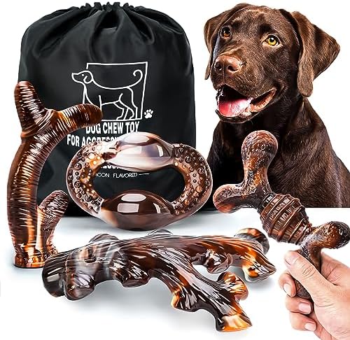 Dog Chew Toys for Aggressive Chewers 4 Pack, Indestructible Dog Toys, Bacon Flavor, Tough Nylon Bones to Keep Them Busy, Medium & Large Breed, Gifts for Dogs