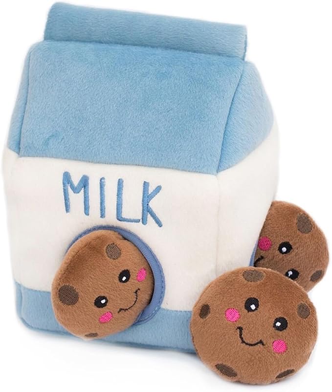 ZippyPaws Burrow Hide & Seek Plush Puzzles - Milk and Cookies | Interactive Dog & Puppy Toys for Boredom, Stimulating Pet Products to Keep them Busy, Squeaky Toy for Enrichment