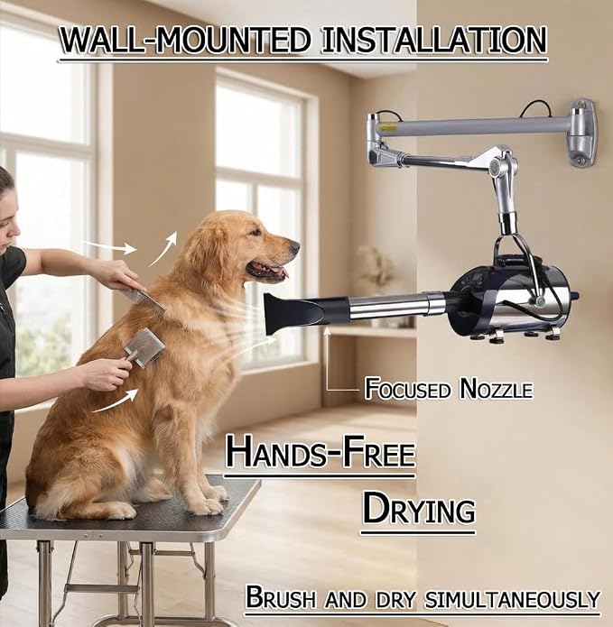 Dog Blower Grooming Dryer, High Velocity Blow Dryer for Dogs, Wall Mounted Dog Dryer for Pet Grooming, Stainless Steel, 8-Speed Fan and Temperature, 2800w Gentle Power, Ultra Quiet 60 dB
