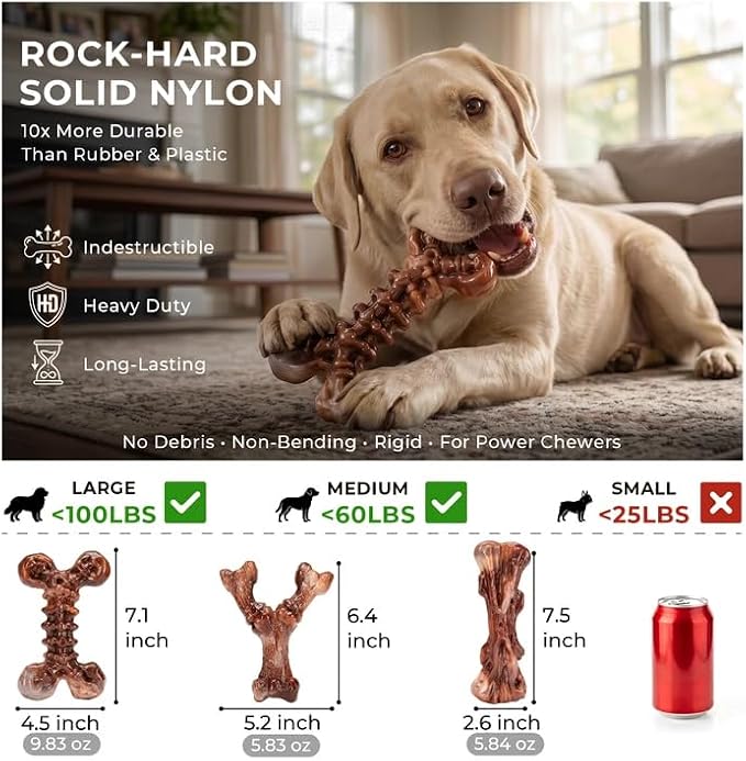 Kseroo 6-Pack Bacon Flavored Dog Chew Toys for Aggressive Chewers, Brown-XL | Indestructible, Heavy Duty, Rock-Hard Solid Nylon Bones for Medium/Large Dogs 25-100lbs, Tough, Long-Lasting, Keep Them Busy