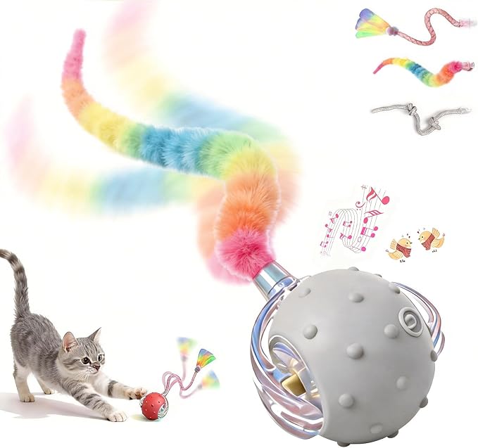 Automatic Chirping Cat Ball, 3 Interchangeable Tails for Indoor Cats, Gray | Self-moving interactive cat toy, entertains bored kittens, automatic self-play enrichment for indoor cats