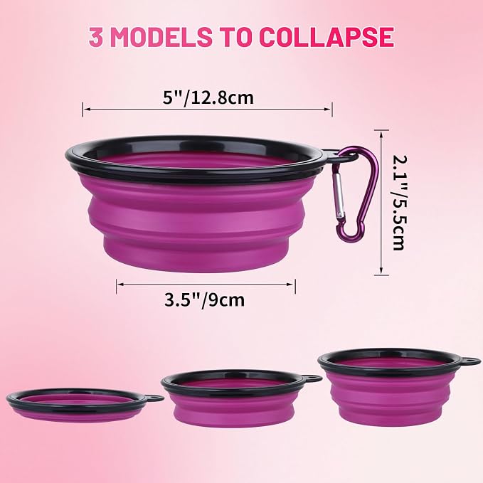 Dog Bowl Collapsible, 2 Pack, with Carabiners, Small, Orange+Purple