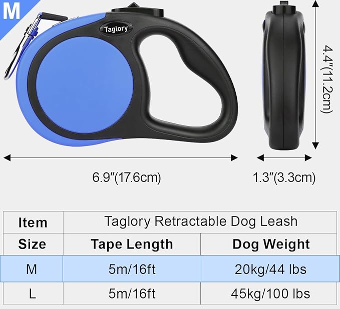 Taglory Retractable Dog Leash, One-Handed Brake, 16ft, Up to 44 lbs, Blue | More Freedom While Staying in Control, Smooth Retraction, Tangle-Free Design, Easy-Grip Handle, Daily Neighborhood Walks