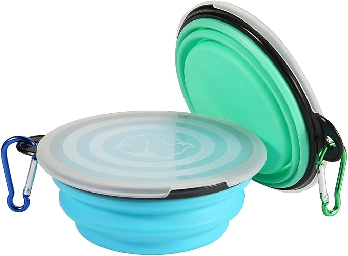 SLSON Collapsible Bowl with Cover Lids, 2 Pack, Light Blue and Green, Small