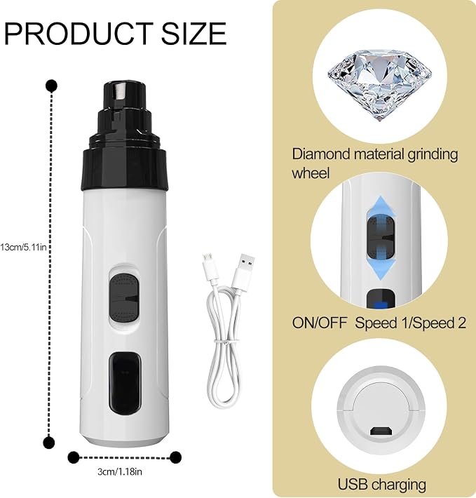 Upgraded Quiet Dog Nail Grinder, 2-Speed, 2 Replacement Heads M1