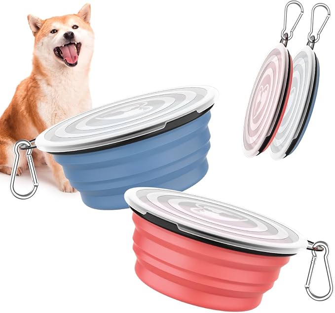 Pawaboo Collapsible Dog Bowls, 2 Pack, 1000ml, Light Pink + Blue