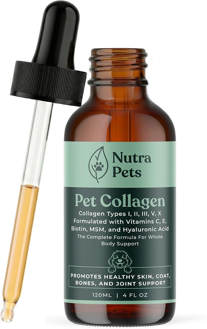 Premium Liquid Collagen for Dogs & Cats | 5 Types of Collagen (I, II, III, V, X) | Supports Skin, Coat, Hips, Joints, & Bones | Allergy and Itch Relief | Biotin, Hyaluronic Acid, Vitamin C