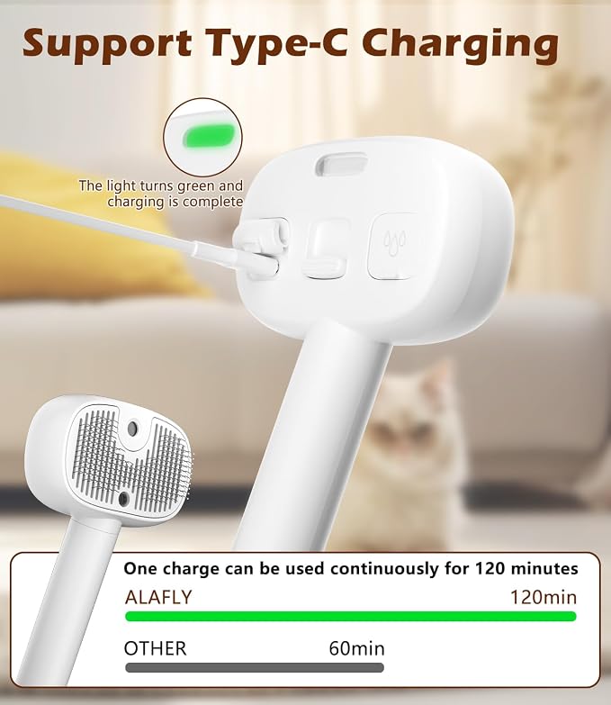 3-In-1 Cat Steam Brush for Shedding, One-Touch Release - Rechargeable - Self Cleaning Comb for Indoor Cats, Anti-Static Grooming Brush for Long and Short-Haired Cat/Dog, White