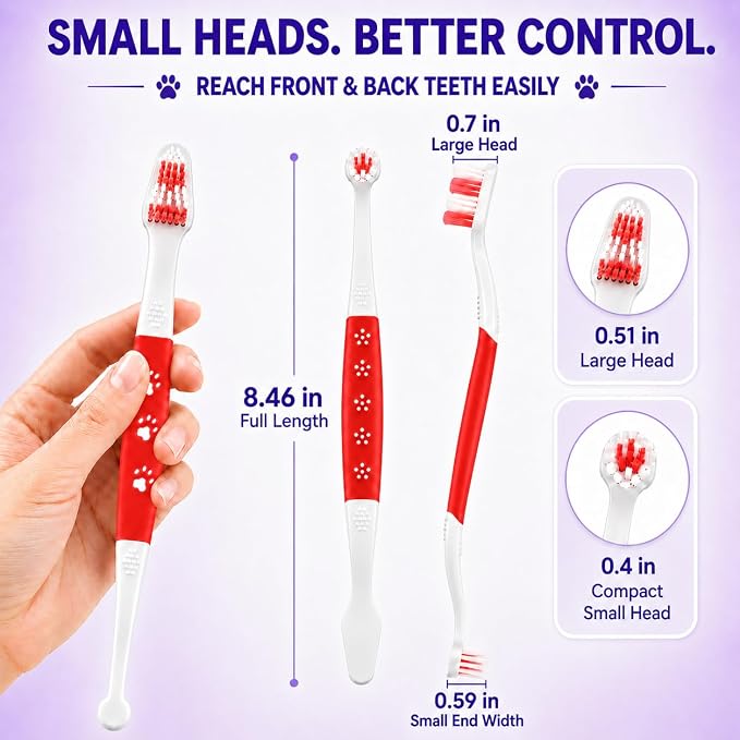 Dog Toothbrush, Dual-Head, for Medium-Large Dogs,Red | Soft Bristles for Gentle Cleaning, 60° Curved Bristles for Better Coverage, Comfortable for Sensitive Gums